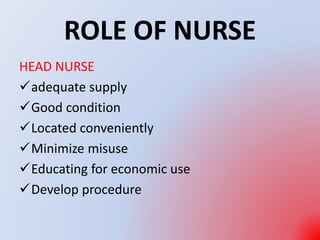 ROLE OF NURSE
HEAD NURSE
adequate supply
Good condition
Located conveniently
Minimize misuse
Educating for economic use
Develop procedure
 