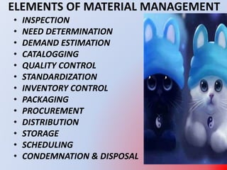 ELEMENTS OF MATERIAL MANAGEMENT
• INSPECTION
• NEED DETERMINATION
• DEMAND ESTIMATION
• CATALOGGING
• QUALITY CONTROL
• STANDARDIZATION
• INVENTORY CONTROL
• PACKAGING
• PROCUREMENT
• DISTRIBUTION
• STORAGE
• SCHEDULING
• CONDEMNATION & DISPOSAL
 