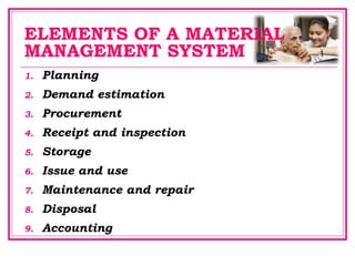 ELEMENTS OF A MATERIAL
MANAGEMENT SYSTEM
1. Planning
2. Demand estimation
3. Procurement
4. Receipt and inspection
5. Storage
6. Issue and use
7. Maintenance and repair
8. Disposal
9. Accounting
 