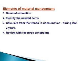 Elements of material management
1. Demand estimation
2. Identify the needed items
3. Calculate from the trends in Consumption during last
2 years.
4. Review with resource constraints
 