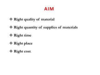 AIM
 Right quality of material
 Right quantity of supplies of materials
 Right time
 Right place
 Right cost.
 