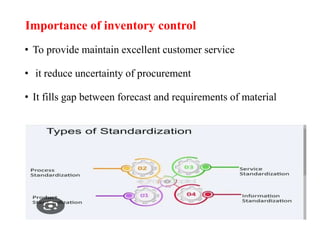 Importance of inventory control
• To provide maintain excellent customer service
• it reduce uncertainty of procurement
• It fills gap between forecast and requirements of material
 