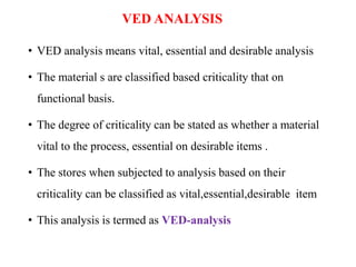 VED ANALYSIS
• VED analysis means vital, essential and desirable analysis
• The material s are classified based criticality that on
functional basis.
• The degree of criticality can be stated as whether a material
vital to the process, essential on desirable items .
• The stores when subjected to analysis based on their
criticality can be classified as vital,essential,desirable item
• This analysis is termed as VED-analysis
 