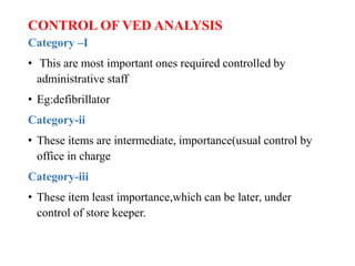CONTROL OF VED ANALYSIS
Category –I
• This are most important ones required controlled by
administrative staff
• Eg:defibrillator
Category-ii
• These items are intermediate, importance(usual control by
office in charge
Category-iii
• These item least importance,which can be later, under
control of store keeper.
 