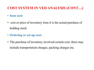 COST SYSTEM IN VED ANALYSIS (CONT…)
• Item cost:
• cost or price of inventory item it is the actual purchase of
holding stock
• Ordering or set-up cost:
• The purchase of inventory involved certain cost, there may
include transportation charges, packing charges etc.
 