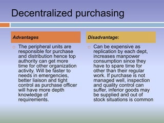Decentralized purchasing
 The peripheral units are
responsible for purchase
and distribution hence top
authority can get more
time for other organization
activity. Will be faster to
needs in emergencies,
better liaison and tight
control as purchase officer
will have more depth
knowledge of
requirements.
 Can be expensive as
replication by each dept,
increases manpower
consumption since they
have to spare time for
other than their regular
work. If purchase is not
managed well, inspection
and quality control can
suffer, inferior goods may
be supplied and out of
stock situations is common
Advantages Disadvantage:
 