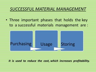 SUCCESSFUL MATERIAL MANAGEMENT
• Three important phases that holds the key
to a successful materials management are :
Purchasing StoringUsage
It is used to reduce the cost, which increases profitability.
 