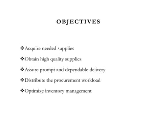 OBJECTIVES
Acquire needed supplies
Obtain high quality supplies
Assure prompt and dependable delivery
Distribute the procurement workload
Optimize inventory management
 