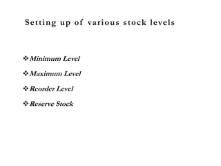 Setting up of various stock levels
Minimum Level
Maximum Level
Reorder Level
Reserve Stock
 
