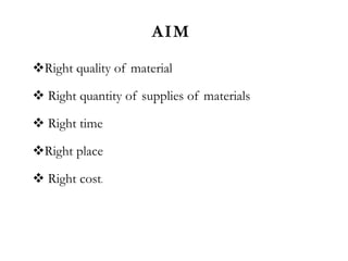 AIM
Right quality of material
 Right quantity of supplies of materials
 Right time
Right place
 Right cost.
 