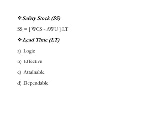 Safety Stock (SS)
SS = [ WCS - AWU ] LT
Lead Time (LT)
a) Logic
b) Effective
c) Attainable
d) Dependable
 