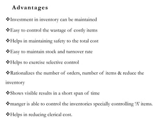 Advantages
Investment in inventory can be maintained
Easy to control the wastage of costly items
Helps in maintaining safety to the total cost
Easy to maintain stock and turnover rate
Helps to exercise selective control
Rationalizes the number of orders, number of items & reduce the
inventory
Shows visible results in a short span of time
manger is able to control the inventories specially controlling ‘A’ items.
Helps in reducing clerical cost.
 