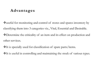 Advantages
useful for monitoring and control of stores and spares inventory by
classifying them into 3 categories viz., Vital, Essential and Desirable.
Determine the criticality of an item and its effect on production and
other services.
It is specially used for classification of spare parts/items.
It is useful in controlling and maintaining the stock of various types.
 