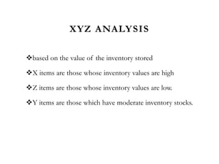 XYZ ANALYSIS
based on the value of the inventory stored
X items are those whose inventory values are high
Z items are those whose inventory values are low.
Y items are those which have moderate inventory stocks.
 