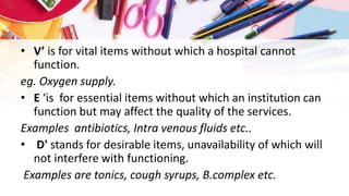 • V’ is for vital items without which a hospital cannot
function.
eg. Oxygen supply.
• E ‘is for essential items without which an institution can
function but may affect the quality of the services.
Examples antibiotics, Intra venous fluids etc..
• D' stands for desirable items, unavailability of which will
not interfere with functioning.
Examples are tonics, cough syrups, B.complex etc.
 