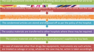 In case of materials other than drugs like equipments, instruments any such articles
are treated as salvage or scrap, whatever the case may be, action is taken accordingly
The surplus materials are offered to the manufacturer/ suppliers for buy back.
The surplus materials are transferred to other hospitals where these may be required.
The condemned articles are stored and disposed off as per the policy of the hospital.
Before removing the equipment cannibalization of the parts is done so that the
usable part of discarded machine be used in future for other machine of same type.
The store immediately makes arrangements for the removal of the same rom the user
department.
The user department informs the store in writing about any equipment that are to be
disposed.
 