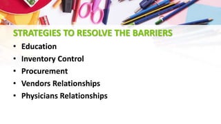STRATEGIES TO RESOLVE THE BARRIERS
• Education
• Inventory Control
• Procurement
• Vendors Relationships
• Physicians Relationships
 