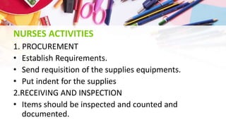 NURSES ACTIVITIES
1. PROCUREMENT
• Establish Requirements.
• Send requisition of the supplies equipments.
• Put indent for the supplies
2.RECEIVING AND INSPECTION
• Items should be inspected and counted and
documented.
 