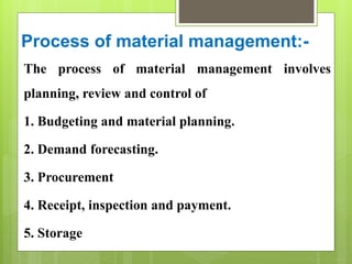Process of material management:-
The process of material management involves
planning, review and control of
1. Budgeting and material planning.
2. Demand forecasting.
3. Procurement
4. Receipt, inspection and payment.
5. Storage
 