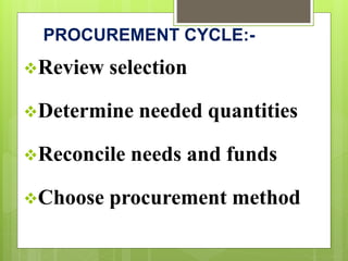 PROCUREMENT CYCLE:-
Review selection
Determine needed quantities
Reconcile needs and funds
Choose procurement method
 