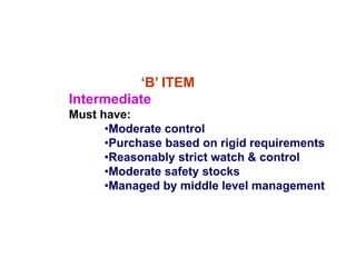 ‘B’ ITEM
Intermediate
Must have:
•Moderate control
•Purchase based on rigid requirements
•Reasonably strict watch & control
•Moderate safety stocks
•Managed by middle level management
 