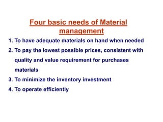 Four basic needs of Material
management
1. To have adequate materials on hand when needed
2. To pay the lowest possible prices, consistent with
quality and value requirement for purchases
materials
3. To minimize the inventory investment
4. To operate efficiently
 