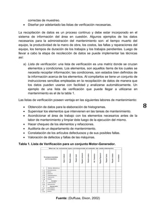 8
correctas de muestreo.
 Diseñar por adelantado las listas de verificación necesarias.
La recopilación de datos es un proceso continuo y debe estar incorporado en el
sistema de información del área en cuestión. Algunos ejemplos de los datos
necesarios para la administración del mantenimiento son: el tiempo muerto del
equipo, la productividad de la mano de obra, los costos, las fallas y reparaciones del
equipo, los tiempos de duración de los trabajos y los trabajos pendientes. Luego de
llevar a cabo la etapa de recolección de datos se puede implementar las técnicas
así:
a) Lista de verificación: una lista de verificación es una matriz donde se cruzan
elementos y condiciones. Los elementos, son aquellos ítems de los cuales se
necesita recopilar información; las condiciones, son estados bien definidos de
la información acerca de los elementos. Al compilarlos se tiene un conjunto de
instrucciones sencillas empleadas en la recopilación de datos de manera que
los datos pueden usarse con facilidad y analizarse automáticamente. Un
ejemplo de una lista de verificación que puede llegar a utilizarse en
mantenimiento es el de la tabla 1.
Las listas de verificación poseen ventaja en las siguientes labores de mantenimiento:
 Obtención de datos para la elaboración de histogramas.
 Supervisar los elementos que intervienen en las tareas de mantenimiento.
 Acondicionar el área de trabajo con los elementos necesarios antes de la
labor de mantenimiento y limpiar éste luego de la ejecución del mismo.
 Hacer chequeo de los elementos y refacciones.
 Auditoria de un departamento de mantenimiento.
 Constatación de los artículos defectuosos y de sus posibles fallas.
 Valoración de defectos y fallas de las máquinas.
Tabla 1. Lista de Verificación para un conjunto Motor-Generador.
Fuente: (Duffuaa, Dixon, 2002)
 