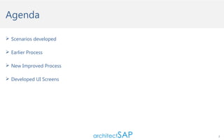 Agenda
 Scenarios developed
 Earlier Process
 New Improved Process
 Developed UI Screens

2

 