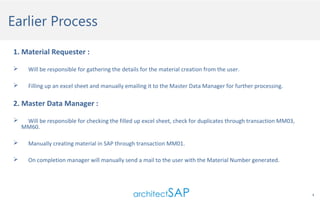 Earlier Process
1. Material Requester :


Will be responsible for gathering the details for the material creation from the user.



Filling up an excel sheet and manually emailing it to the Master Data Manager for further processing.

2. Master Data Manager :


Will be responsible for checking the filled up excel sheet, check for duplicates through transaction MM03,
MM60.



Manually creating material in SAP through transaction MM01.



On completion manager will manually send a mail to the user with the Material Number generated.

4

 
