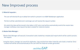 New Improved process
1. Material requester :
The user will directly fill up an adobe form which is present in an ABAP Webdynpro application.
The form will be submitted and in exchange user will receive the request number.
On submit the data will be stored in the tables in ECC and a mail will be automatically send to the master data
manager notifying a new request has been created for material creation.
2. Master Data Manager :
Master Data Manager will execute a transaction code created by a module pool report which will be used to process
the request.
Using the report, manager can search for duplicates, copy records from other materials and create a material. Once
created mail will be send automatically to the user with the material number generated.
7

 