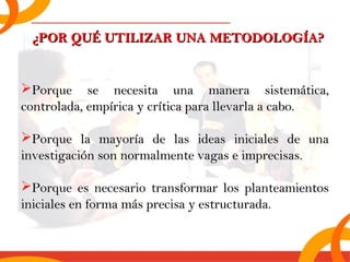 ¿PPOORR QQUUÉÉ UUTTIILLIIZZAARR UUNNAA MMEETTOODDOOLLOOGGÍÍAA?? 
PPoorrqquuee ssee nneecceessiittaa uunnaa mmaanneerraa ssiisstteemmááttiiccaa,, 
ccoonnttrroollaaddaa,, eemmppíírriiccaa yy ccrrííttiiccaa ppaarraa lllleevvaarrllaa aa ccaabboo.. 
PPoorrqquuee llaa mmaayyoorrííaa ddee llaass iiddeeaass iinniicciiaalleess ddee uunnaa 
iinnvveessttiiggaacciióónn ssoonn nnoorrmmaallmmeennttee vvaaggaass ee iimmpprreecciissaass.. 
PPoorrqquuee eess nneecceessaarriioo ttrraannssffoorrmmaarr llooss ppllaanntteeaammiieennttooss 
iinniicciiaalleess eenn ffoorrmmaa mmááss pprreecciissaa yy eessttrruuccttuurraaddaa.. 
 