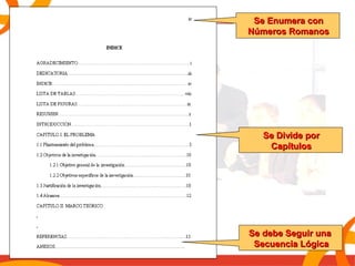 SSee EEnnuummeerraa ccoonn 
NNúúmmeerrooss RRoommaannooss 
SSee DDiivviiddee ppoorr 
CCaappííttuullooss 
SSee ddeebbee SSeegguuiirr uunnaa 
SSeeccuueenncciiaa LLóóggiiccaa 
 
