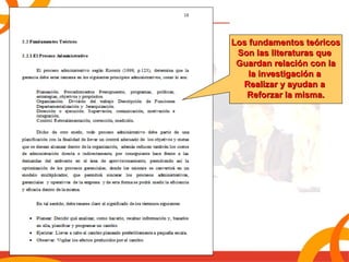 LLooss ffuunnddaammeennttooss tteeóórriiccooss 
SSoonn llaass lliitteerraattuurraass qquuee 
GGuuaarrddaann rreellaacciióónn ccoonn llaa 
llaa iinnvveessttiiggaacciióónn aa 
RReeaalliizzaarr yy aayyuuddaann aa 
RReeffoorrzzaarr llaa mmiissmmaa.. 
 