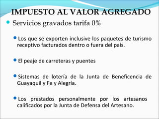 IMPUESTO AL VALOR AGREGADO
 Servicios   gravados tarifa 0%

  Los que se exporten inclusive los paquetes de turismo
   receptivo facturados dentro o fuera del país.

  El peaje de carreteras y puentes


  Sistemas de lotería de la Junta de Beneficencia de
   Guayaquil y Fe y Alegría.

  Los prestados personalmente por los artesanos
   calificados por la Junta de Defensa del Artesano.
 