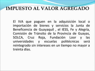 IMPUESTO AL VALOR AGREGADO

  El IVA que paguen en la adquisición local o
  importación de bienes y servicios la Junta de
  Beneficencia de Guayaquil , el IESS, Fe y Alegría,
  Comisión de Tránsito de la Provincia de Guayas,
  SOLCA, Cruz Roja, Fundación Loor y las
  universidades y escuelas politécnicas será
  reintegrado sin intereses en un tiempo no mayor a
  treinta días.
 