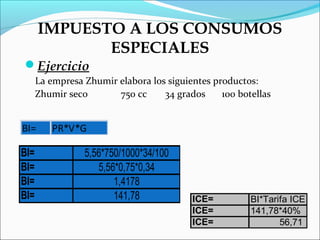 IMPUESTO A LOS CONSUMOS
             ESPECIALES
Ejercicio
      La empresa Zhumir elabora los siguientes productos:
      Zhumir seco       750 cc     34 grados     100 botellas


BI=      PR*V*G

BI=              5,56*750/1000*34/100
BI=                 5,56*0,75*0,34
BI=                     1,4178
BI=                     141,78            ICE=          BI*Tarifa ICE
                                          ICE=          141,78*40%
                                          ICE=                 56,71
 