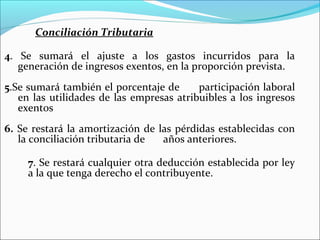 Conciliación Tributaria

4. Se sumará el ajuste a los gastos incurridos para la
   generación de ingresos exentos, en la proporción prevista.
5.Se sumará también el porcentaje de      participación laboral
   en las utilidades de las empresas atribuibles a los ingresos
   exentos
6. Se restará la amortización de las pérdidas establecidas con
   la conciliación tributaria de  años anteriores.

     7. Se restará cualquier otra deducción establecida por ley
     a la que tenga derecho el contribuyente.
 
