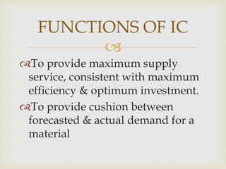 
To provide maximum supply
service, consistent with maximum
efficiency & optimum investment.
To provide cushion between
forecasted & actual demand for a
material
FUNCTIONS OF IC
 