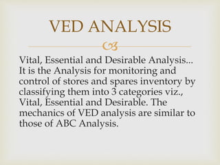 
Vital, Essential and Desirable Analysis...
It is the Analysis for monitoring and
control of stores and spares inventory by
classifying them into 3 categories viz.,
Vital, Essential and Desirable. The
mechanics of VED analysis are similar to
those of ABC Analysis.
VED ANALYSIS
 