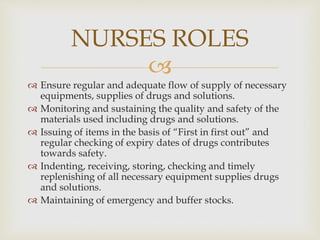 
 Ensure regular and adequate flow of supply of necessary
equipments, supplies of drugs and solutions.
 Monitoring and sustaining the quality and safety of the
materials used including drugs and solutions.
 Issuing of items in the basis of “First in first out” and
regular checking of expiry dates of drugs contributes
towards safety.
 Indenting, receiving, storing, checking and timely
replenishing of all necessary equipment supplies drugs
and solutions.
 Maintaining of emergency and buffer stocks.
NURSES ROLES
 