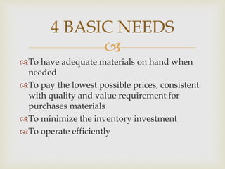 
To have adequate materials on hand when
needed
To pay the lowest possible prices, consistent
with quality and value requirement for
purchases materials
To minimize the inventory investment
To operate efficiently
4 BASIC NEEDS
 