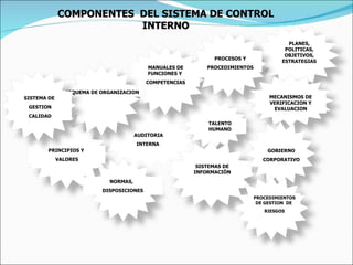 PLANES, POLITICAS, OBJETIVOS, ESTRATEGIAS PROCESOS Y PROCEDIMIENTOS MANUALES DE FUNCIONES Y  COMPETENCIAS TALENTO HUMANO PRINCIPIOS Y  VALORES NORMAS,  DISPOSICIONES COMPONENTES  DEL SISTEMA DE CONTROL INTERNO SISTEMAS DE INFORMACIÓN AUDITORIA INTERNA ESQUEMA DE ORGANIZACION MECANISMOS DE VERIFICACION Y EVALUACION SISTEMA DE  GESTION CALIDAD GOBIERNO CORPORATIVO PROCEDIMIENTOS DE GESTION  DE  RIESGOS 