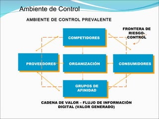 AMBIENTE DE CONTROL PREVALENTE CADENA DE VALOR – FLUJO DE INFORMACIÓN DIGITAL (VALOR GENERADO) Ambiente de Control FRONTERA DE RIESGO-CONTROL PROVEEDORES CONSUMIDORES COMPETIDORES ORGANIZACIÓN GRUPOS DE AFINIDAD 