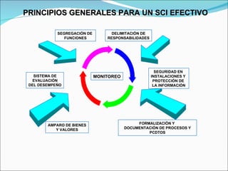PRINCIPIOS GENERALES PARA UN SCI EFECTIVO SEGREGACIÓN DE  FUNCIONES DELIMITACIÓN DE RESPONSABILIDADES AMPARO DE BIENES Y VALORES FORMALIZACIÓN Y  DOCUMENTACIÓN DE PROCESOS Y PCDTOS SEGURIDAD EN  INSTALACIONES Y  PROTECCIÓN DE  LA INFORMACIÓN SISTEMA DE EVALUACIÓN DEL DESEMPEÑO MONITOREO 