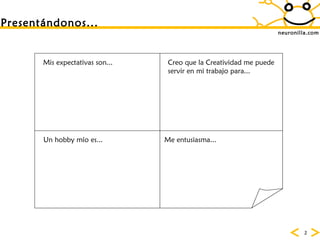neuronilla.com Presentándonos... Mis expectativas son... Creo que la Creatividad me puede servir en mi trabajo para... Un hobby mío es... Me entusiasma... 