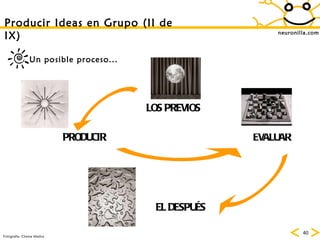 neuronilla.com Producir Ideas en Grupo (II de IX) Un posible proceso... LOS PREVIOS EVALUAR EL DESPUÉS PRODUCIR Fotografía: Chema Madoz 