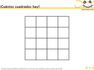 neuronilla.com ¿Cuántos cuadrados hay? Actividad tomada de: MICHALKO, M. (2001) Thinker Toys. Cómo desarrollar la creatividad en la empresa.  Barcelona, Gestión 2000. 