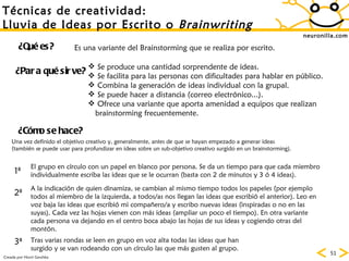 neuronilla.com T écnicas de creatividad: Lluvia de Ideas por Escrito o  Brainwriting ¿Qué es? ¿Para qué sirve? ¿Cómo se hace? Es una variante del Brainstorming que se realiza por escrito. Se produce una cantidad sorprendente de ideas. Se facilita para las personas con dificultades para hablar en público. Combina la generación de ideas individual con la grupal. Se puede hacer a distancia (correo electrónico...). Ofrece una variante que aporta amenidad a equipos que realizan brainstorming frecuentemente. Una vez definido el objetivo creativo y, generalmente, antes de que se hayan empezado a generar ideas (también se puede usar para profundizar en ideas sobre un sub-objetivo creativo surgido en un brainstorming). El grupo en círculo con un papel en blanco por persona. Se da un tiempo para que cada miembro individualmente escriba las ideas que se le ocurran (basta con 2 de minutos y 3 ó 4 ideas). 1ª 2ª 3ª A la indicación de quien dinamiza, se cambian al mismo tiempo todos los papeles (por ejemplo todos al miembro de la izquierda, a todos/as nos llegan las ideas que escribió el anterior). Leo en voz baja las ideas que escribió mi compañero/a y escribo nuevas ideas (inspiradas o no en las suyas). Cada vez las hojas vienen con más ideas (ampliar un poco el tiempo). En otra variante cada persona va dejando en el centro boca abajo las hojas de sus ideas y cogiendo otras del montón. Tras varias rondas se leen en grupo en voz alta todas las ideas que han surgido y se van rodeando con un círculo las que más gusten al grupo. Creada por Horst Geschka 