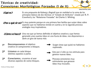 neuronilla.com T écnicas de creatividad: Conexiones Morfológicas Forzadas (I de II) Creada por Koberg y Bagnall ¿Qué es? ¿Para qué sirve? ¿Cómo se hace? Es una propuesta de Koberg y Bagnall que en realidad es la suma de los principios básicos de dos técnicas: el “Listado de Atributos” creado por R. P. Crawford y las “Relaciones Forzadas” de Charles S. Whiting. Es muy potente porque en una primera fase facilita que surjan ideas sobre aspectos que no habíamos tenido en cuenta y en la segunda provoca analogías muy inspiradoras. Una vez que ya hemos definido el objetivo creativo y que hemos generado unas cuantas ideas en una lluvia de ideas, nos disponemos a darle un giro de tuerca más: Descomponemos  el objetivo creativo en componentes o bloques. Listamos  en cada bloque distintos aspectos o partes.  Conectamos,  cruzamos al azar diversos aspectos de varios bloques. 1º 2º 3º Surgen áreas que quizá no habíamos explorado. Esto por sí sólo ya nos estimula para generar nuevas ideas. Provoca conexiones muy estimulantes que generan ideas muy inusuales. 