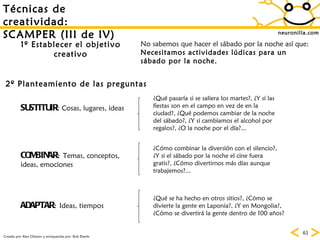 neuronilla.com Creada por Alex Osborn y enriquecida por: Bob Eberle 1º Establecer el objetivo creativo No sabemos que hacer el sábado por la noche así que:  Necesitamos actividades lúdicas para un sábado por la noche.  2º Planteamiento de las preguntas  SUSTITUIR : Cosas, lugares, ideas ¿Qu é pasaría si se saliera los martes ?, ¿Y si las fiestas son en el campo en vez de en la ciudad?, ¿Qu é podemos cambiar de la noche del sábado?, ¿Y si cambiamos el alcohol por regalos?, ¿O la noche por el día?... COMBINAR :  Temas, conceptos, ideas, emociones ¿C ómo combinar la diversión con el silencio ?, ¿Y si el s ábado por la noche el cine fuera gratis ?, ¿C ómo divertirnos más días aunque trabajemos?... ADAPTAR :  Ideas, tiempos ¿Qu é se ha hecho en otros sitios ?, ¿C ómo se divierte la gente en Laponia ?, ¿Y en Mongolia?, ¿C ómo se divertirá la gente dentro de 100 años? T écnicas de creatividad: SCAMPER (III de IV) 